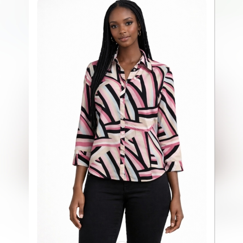 New York & Company Retro Print Button-Up Blouse | Medium | Semi-Sheer